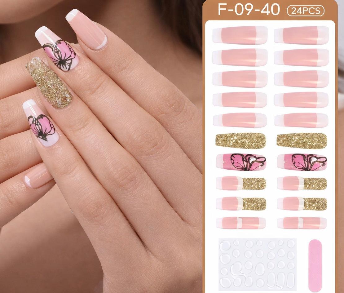 Pink Butterfly French Tip Coffin Nails | Gold Glitter Accent Set