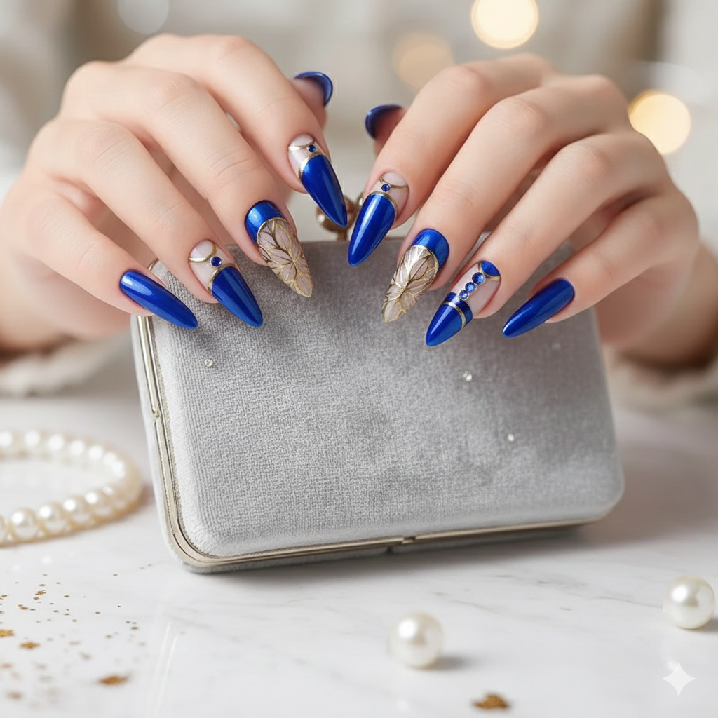 Blue and Gold Design press on nails