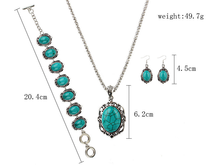 Bohemian Turquoise & Silver-Toned Jewelry Set - Vintage Pendant, Earrings & Bracelet