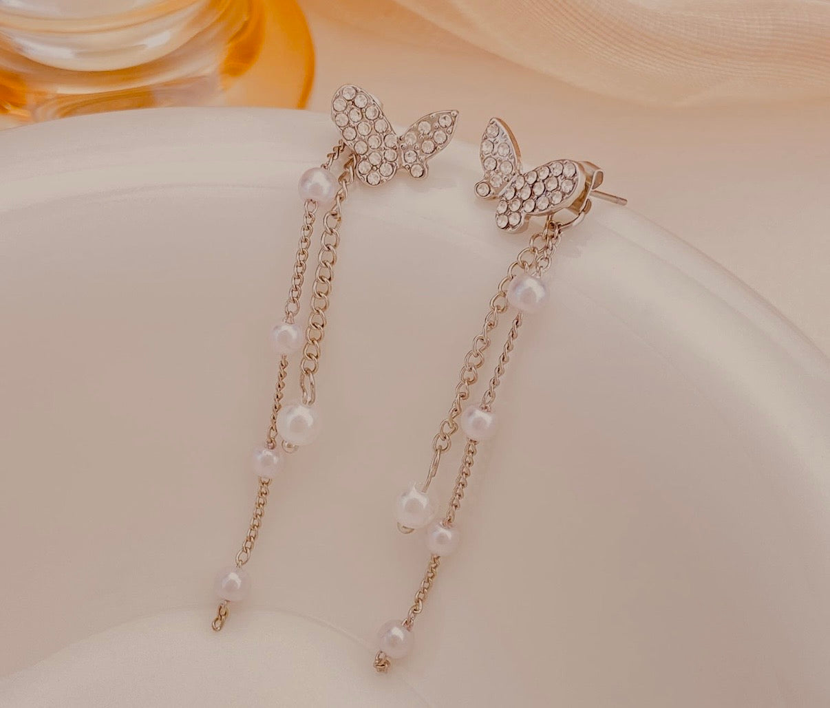Silver Butterfly Pearls Dropping Earrings