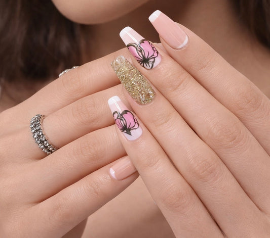 Pink Butterfly French Tip Coffin Nails | Gold Glitter Accent Set