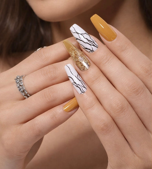 Mustard Yellow & White Marble Coffin Nails 24 piece nail set
