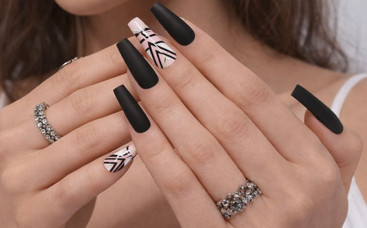 Matte Black & Pink Marble Coffin Press-On Nails | Geometric Line Art