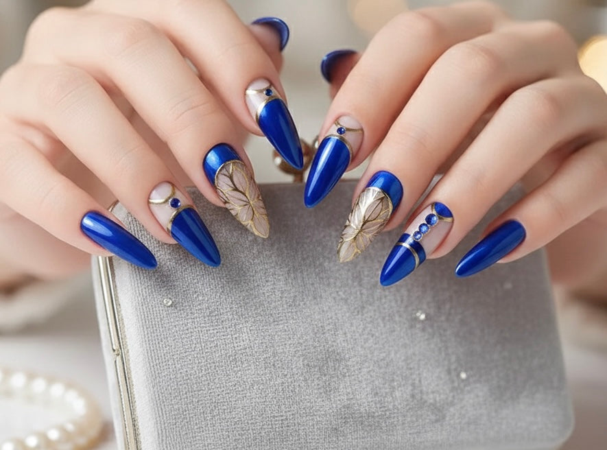 Blue and Gold Design press on nails