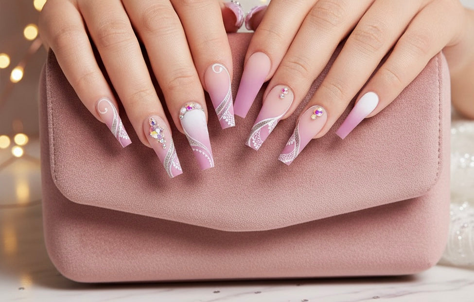 Pink and white Design press on nails