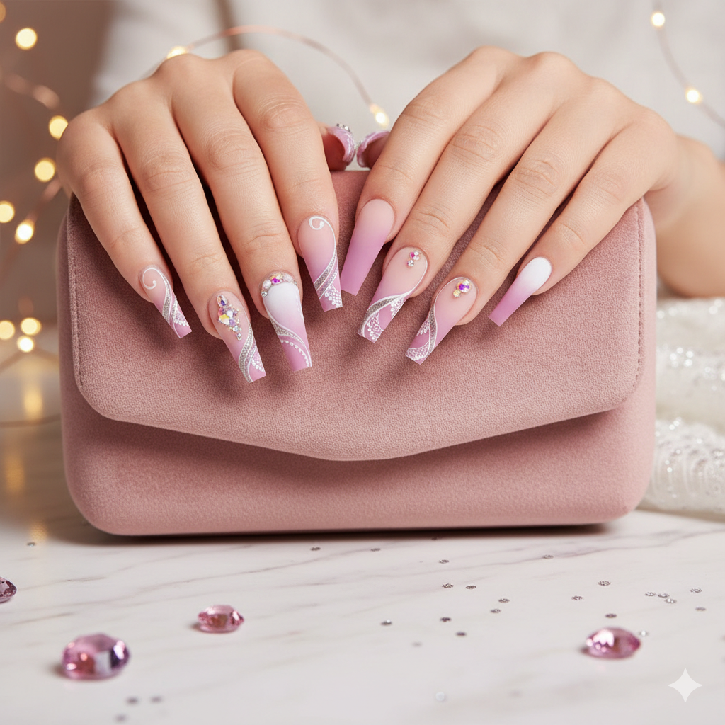 Pink and white Design press on nails