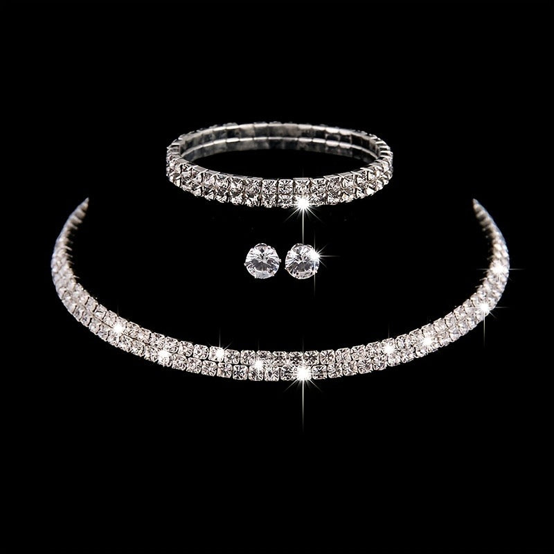 Sparkling 3-Row Rhinestone Choker Necklace, Bracelet & Stud Earring Set