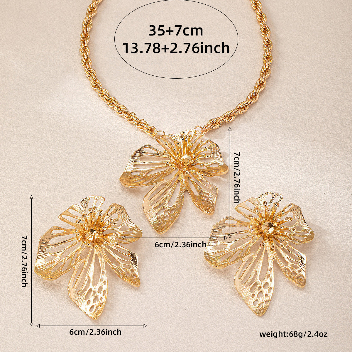 Bold Gold Floral Statement Jewelry Set - Sculptural Flower Necklace & Earrings