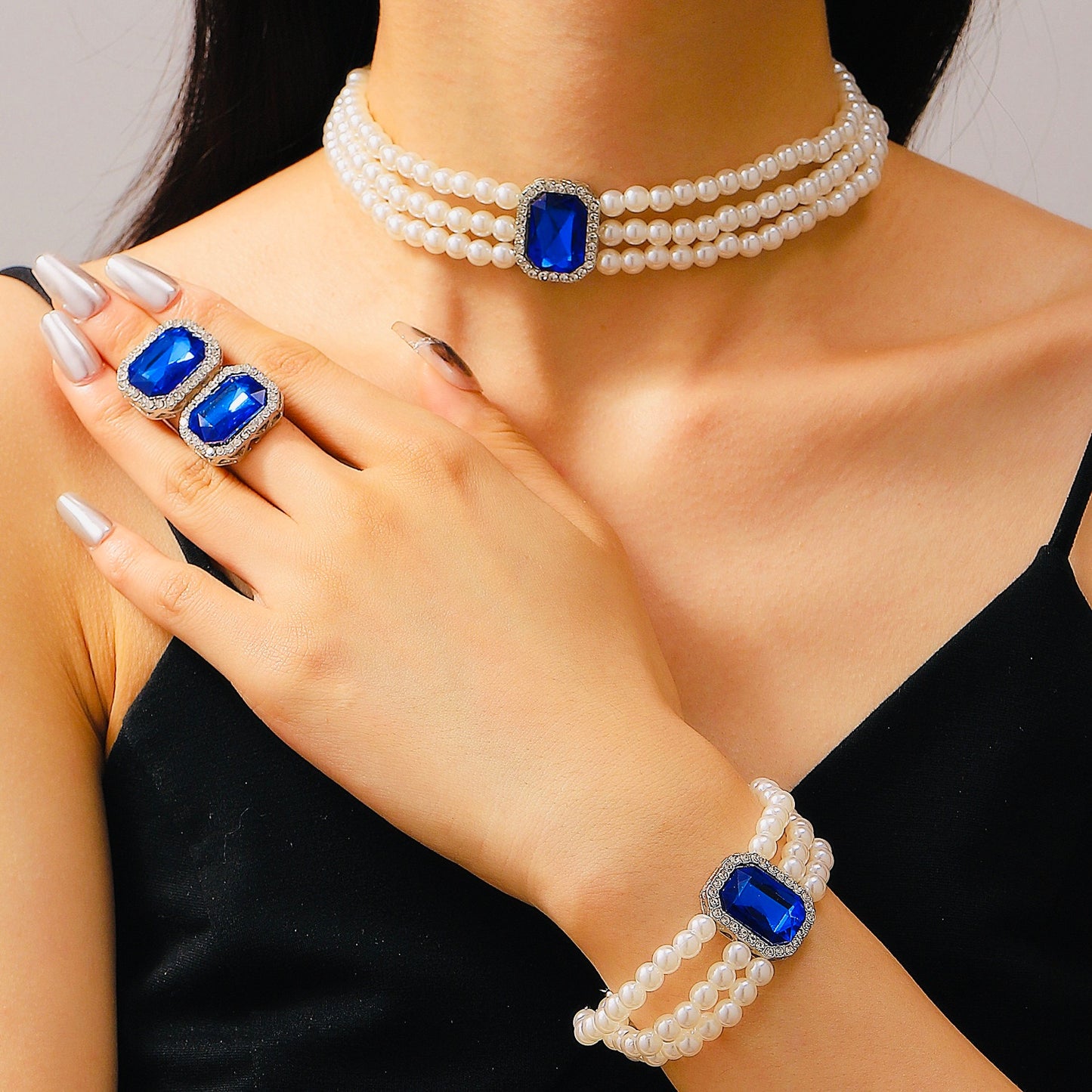 Vintage-Inspired 3-Row Pearl Choker & Bracelet Set with Black Emerald-Cut Centerpiece – 4-Piece Victorian Jewelry Set