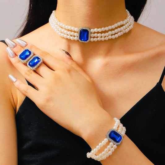 Vintage-Inspired 3-Row Pearl Choker & Bracelet Set with Black Emerald-Cut Centerpiece – 4-Piece Victorian Jewelry Set