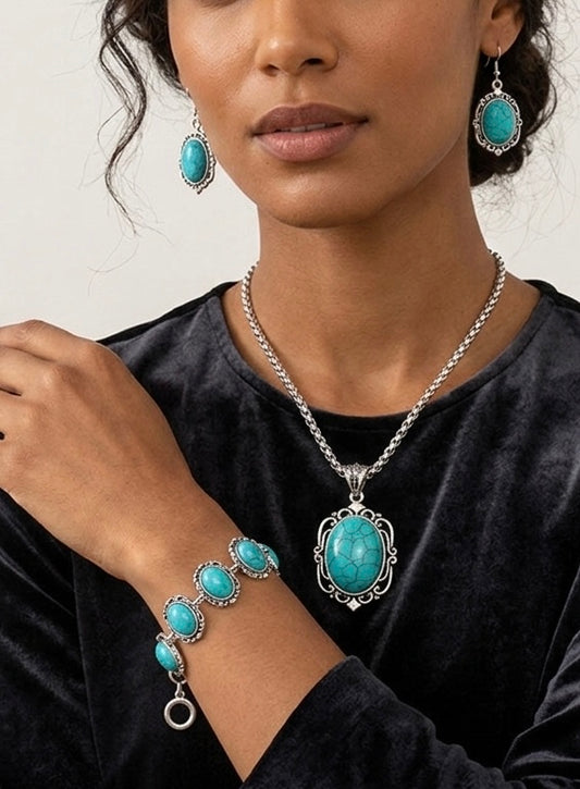 Bohemian Turquoise & Silver-Toned Jewelry Set - Vintage Pendant, Earrings & Bracelet