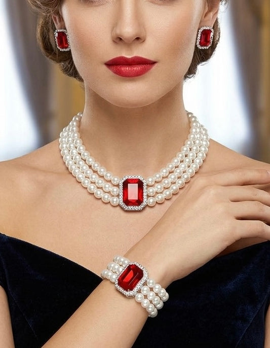 Triple-Strand Pearl Jewelry Set - Emerald-Cut Crystal Choker, Bracelet & Earrings