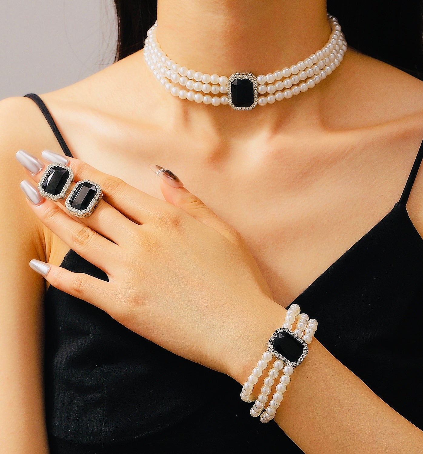 Vintage-Inspired 3-Row Pearl Choker & Bracelet Set with Black Emerald-Cut Centerpiece – 4-Piece Victorian Jewelry Set