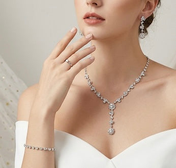 Crystal Floral Pearl Jewelry Set - Bridal Necklace & Drop Earrings