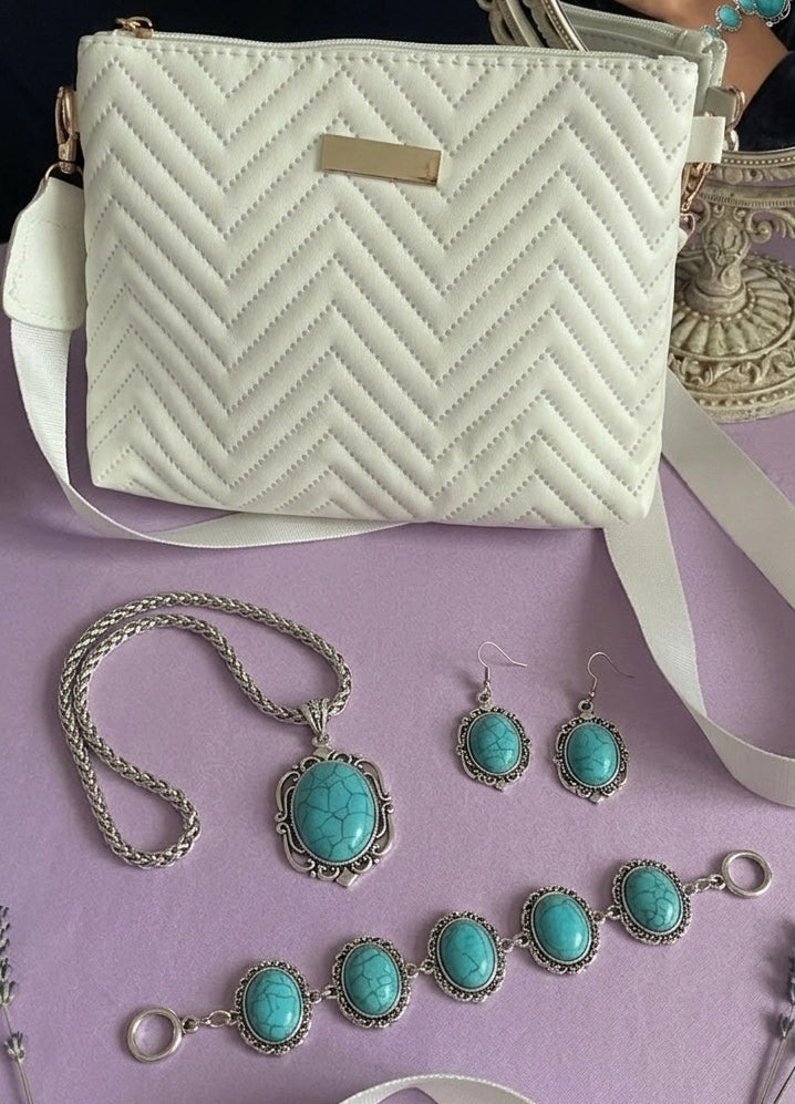 Bohemian Turquoise & Silver-Toned Jewelry Set - Vintage Pendant, Earrings & Bracelet