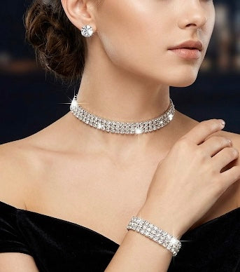 Sparkling 3-Row Rhinestone Choker Necklace, Bracelet & Stud Earring Set