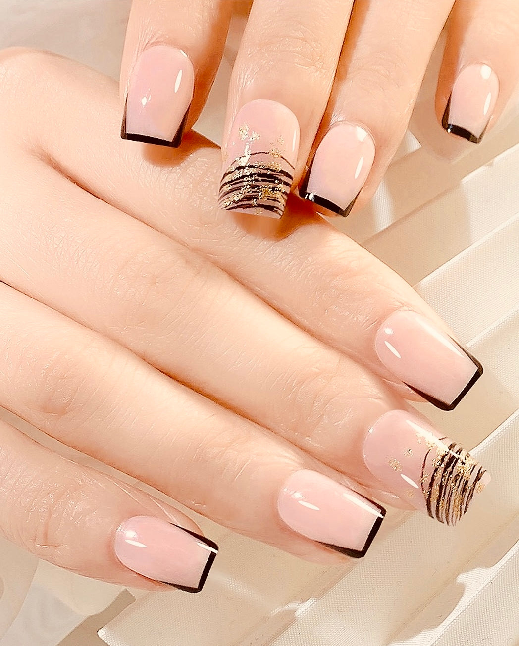 Nude & Black French Press-On Nails | Gold Accent Art |24 piece set