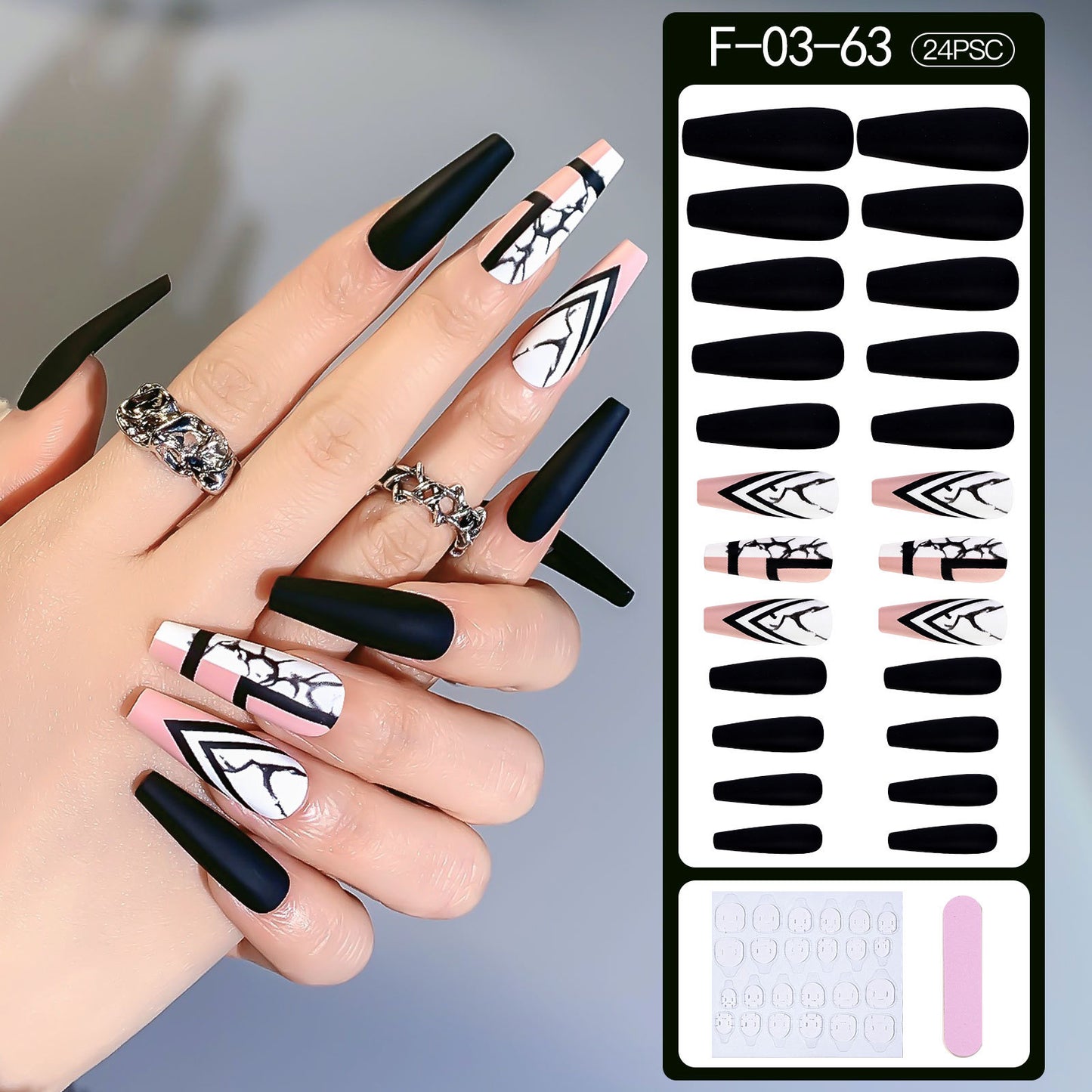 Matte Black & Pink Marble Coffin Press-On Nails | Geometric Line Art