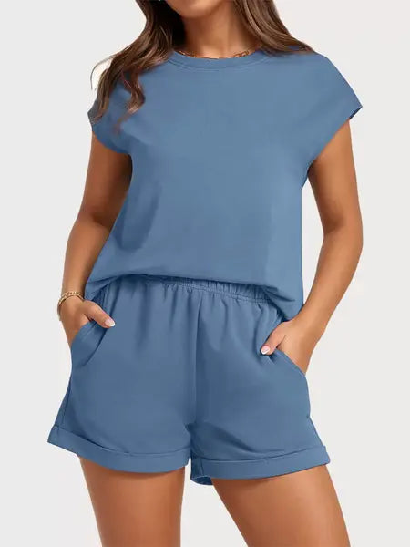 Blue Solid pant and short set