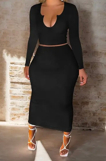 V neck long sleeve long skirt set