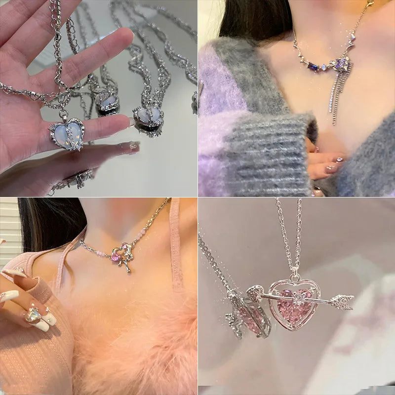 Silver pink heart arrow necklace