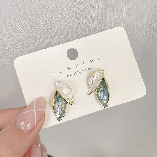 White and blue leaf earring