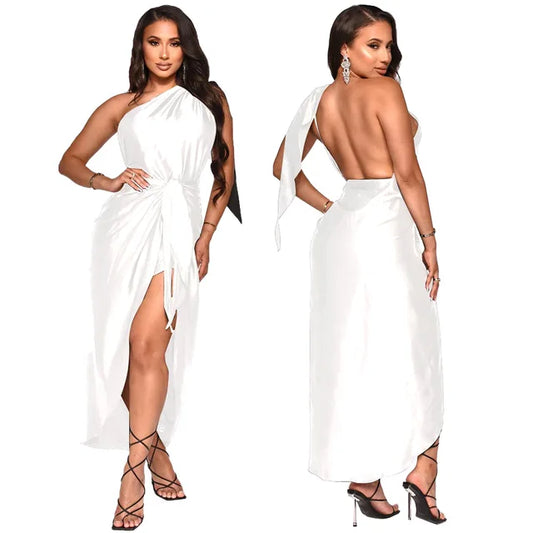 White satin shoulder drape dress