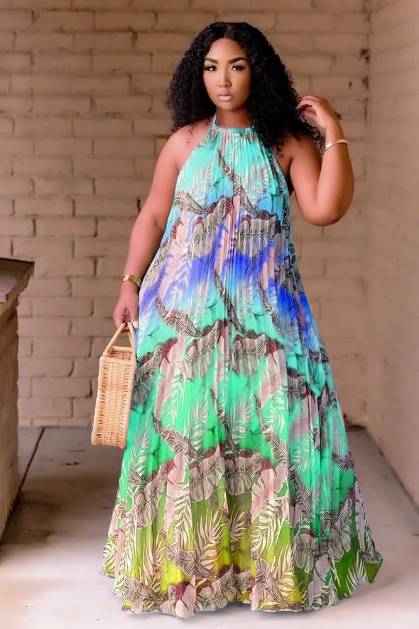 Vibrant Leaf Print Halter Maxi Dress