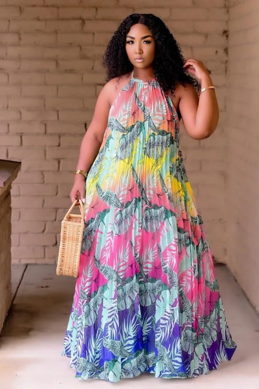 Vibrant Leaf Print Halter Maxi Dress