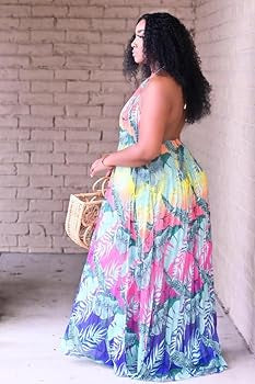 Vibrant Leaf Print Halter Maxi Dress