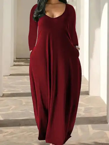 Elegant Long Sleeve Wine Red Dress
