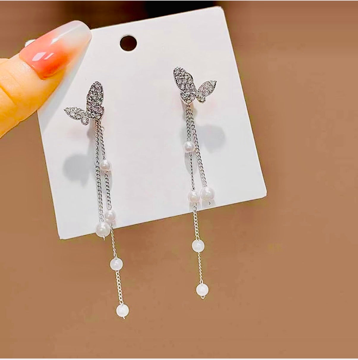 Silver Butterfly Pearls Dropping Earrings
