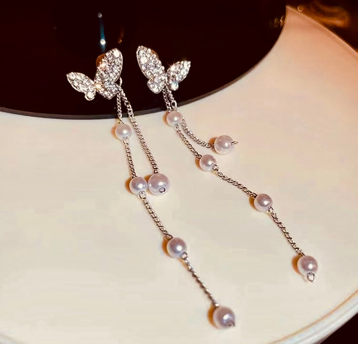 Silver Butterfly Pearls Dropping Earrings