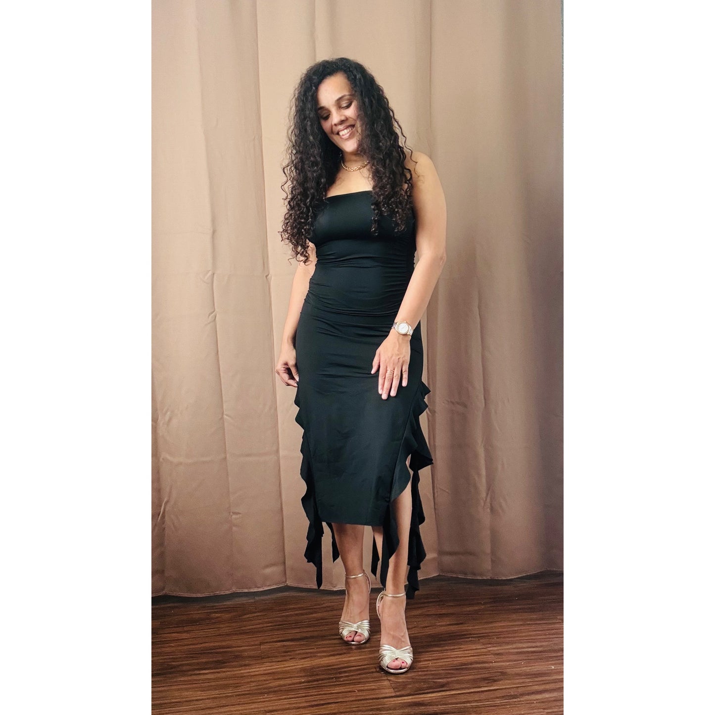 Ruffle strapless slit dress